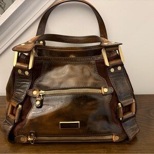 Jimmy Choo Maddy liquid Brown Leather Satchel